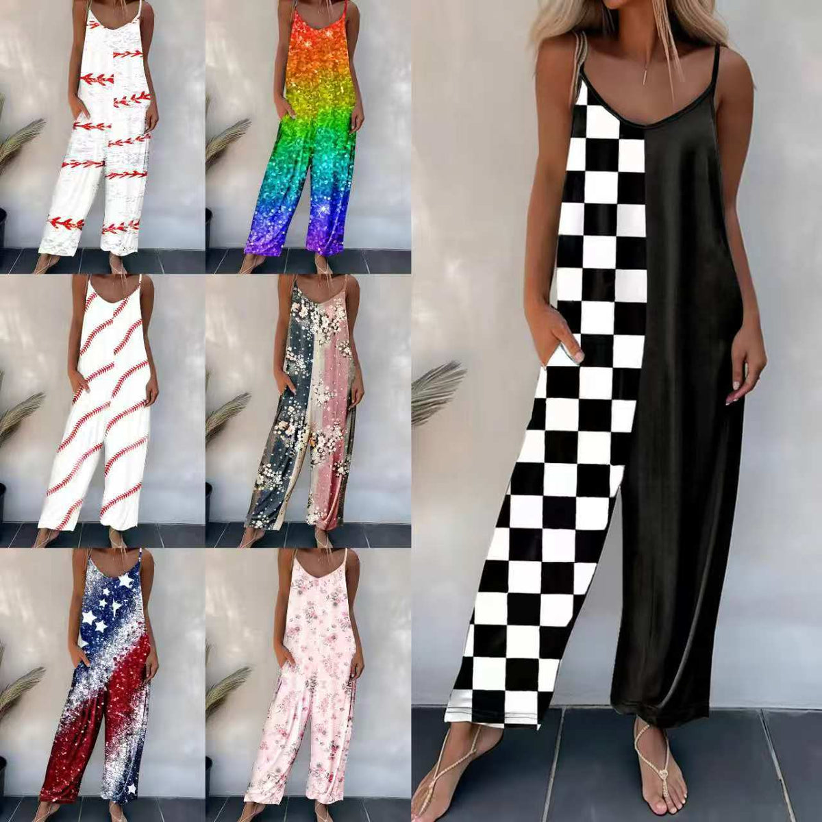 Women's Casual Strappy Printed Sleeveless Jumpsuit