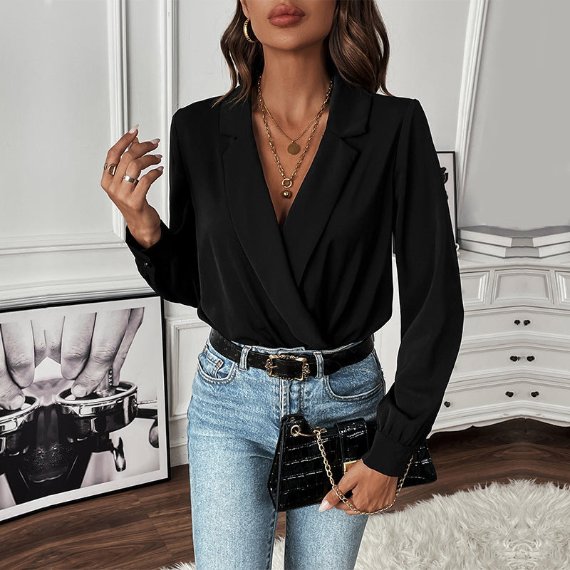 Chic Black Long Sleeve Lapel Jumpsuit