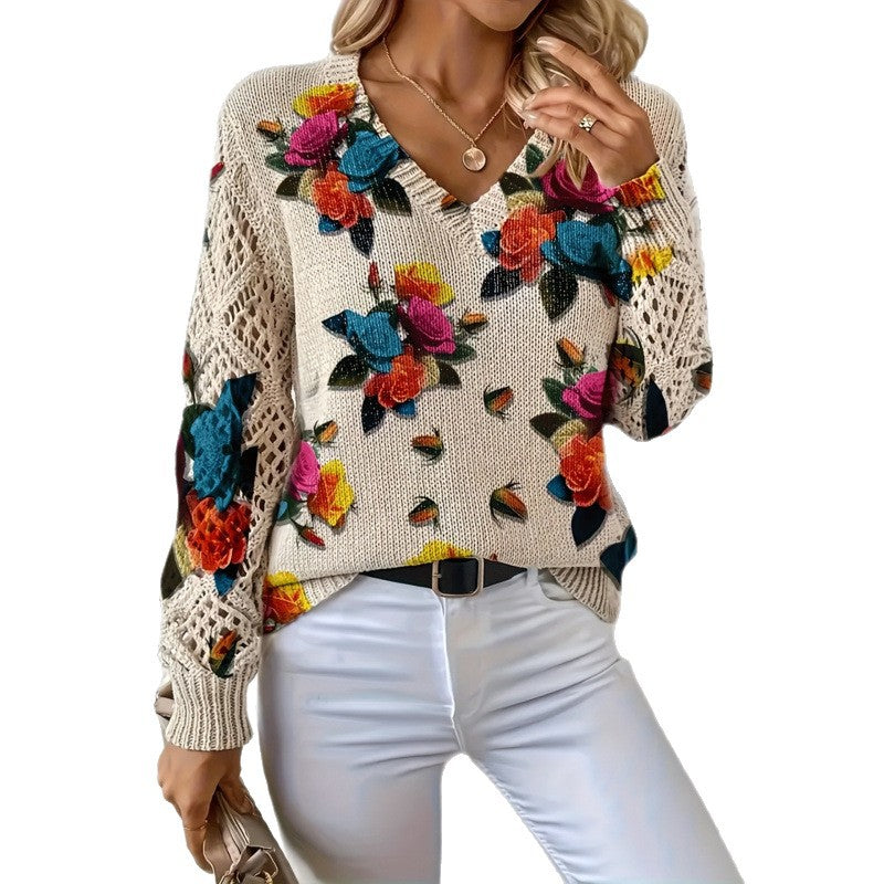 Elegant Bohemian Floral V-neck Long-sleeve Top
