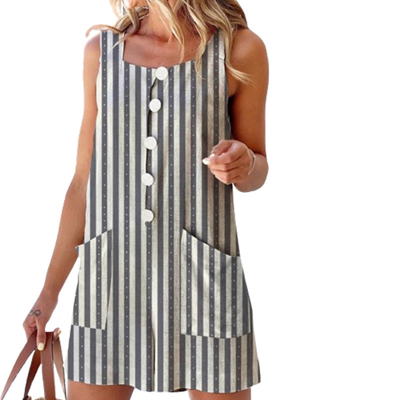 Women's Casual Striped Button Pocket Vest Culottes