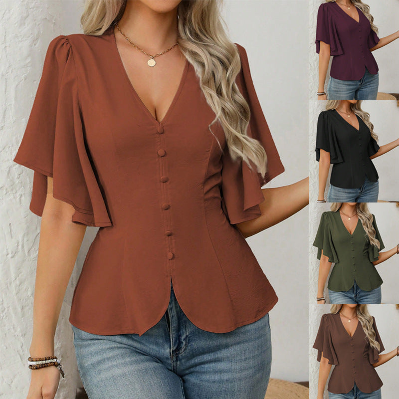 Women's Solid V‑Neck Short‑Sleeve Top – Waist‑Cinching Fit