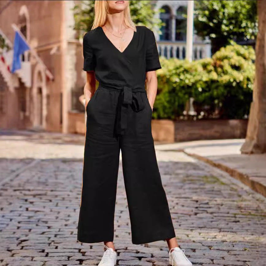 Color-Block Casual Loose-Fit Wide-Leg Jumpsuit