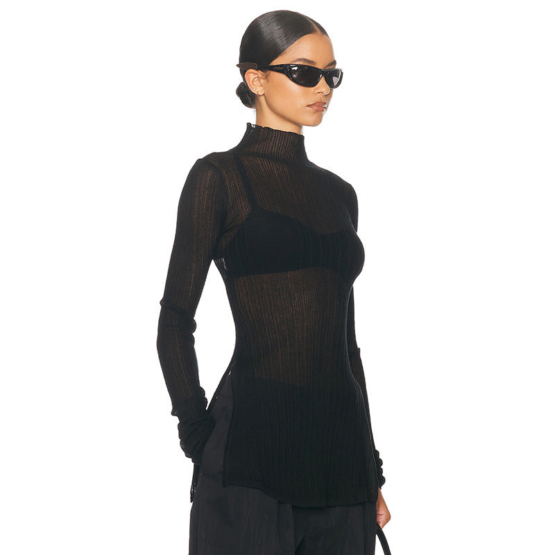 Turtleneck Long Sleeve Split Rib Knitted T-shirt