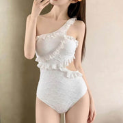 Chic Ruffled One-Shoulder White Slimming One-Piece Swimsuit