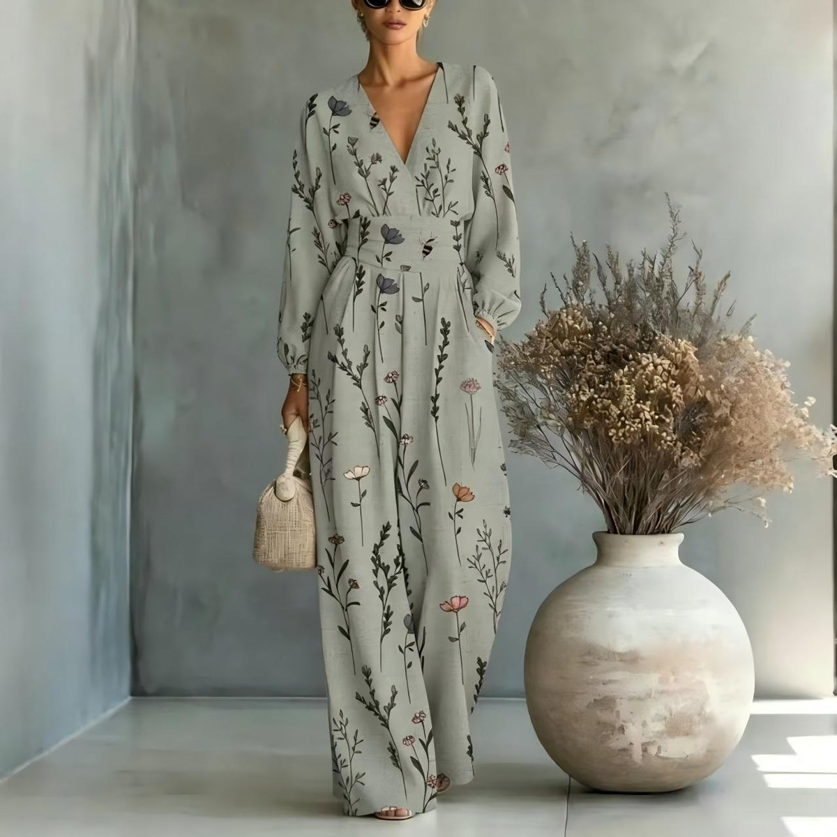 V-neck Long-sleeve Womens Printed Jumpsuit
