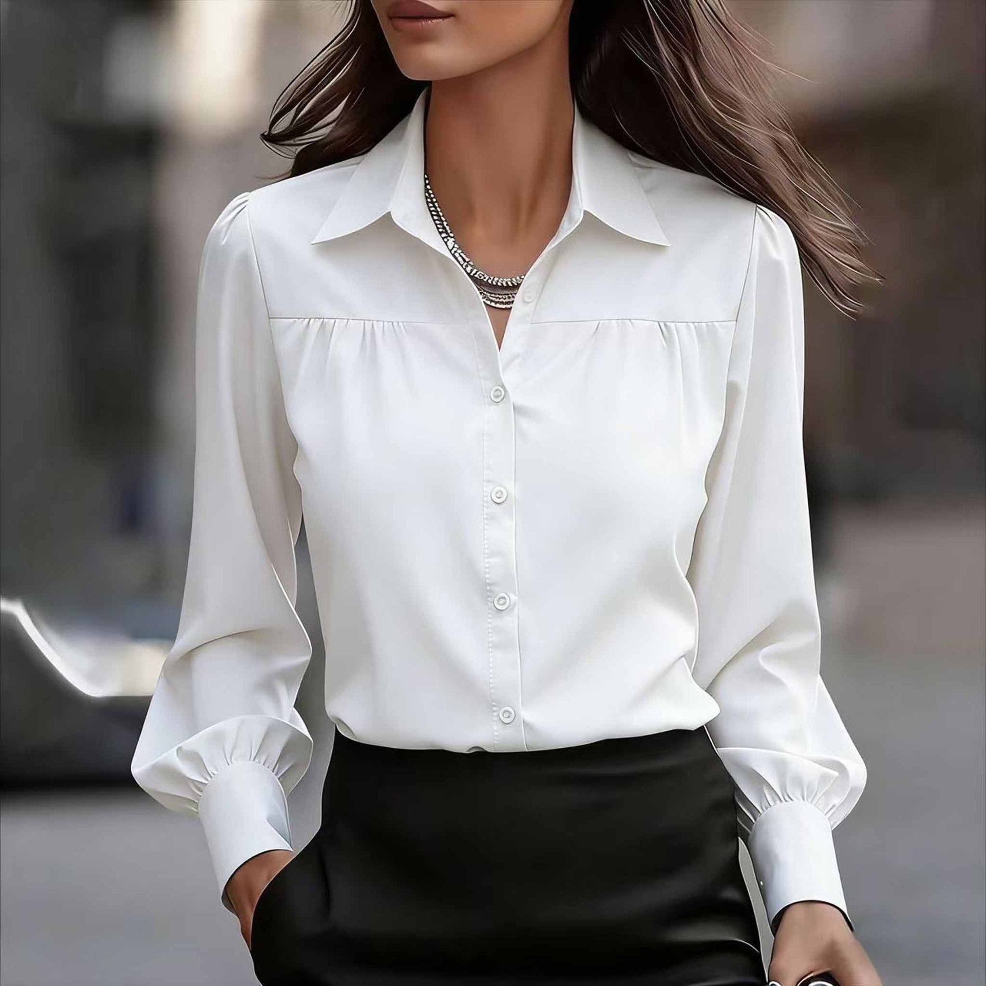 Casual Buttoned Lantern Sleeve Long-Sleeve Womens Blouse
