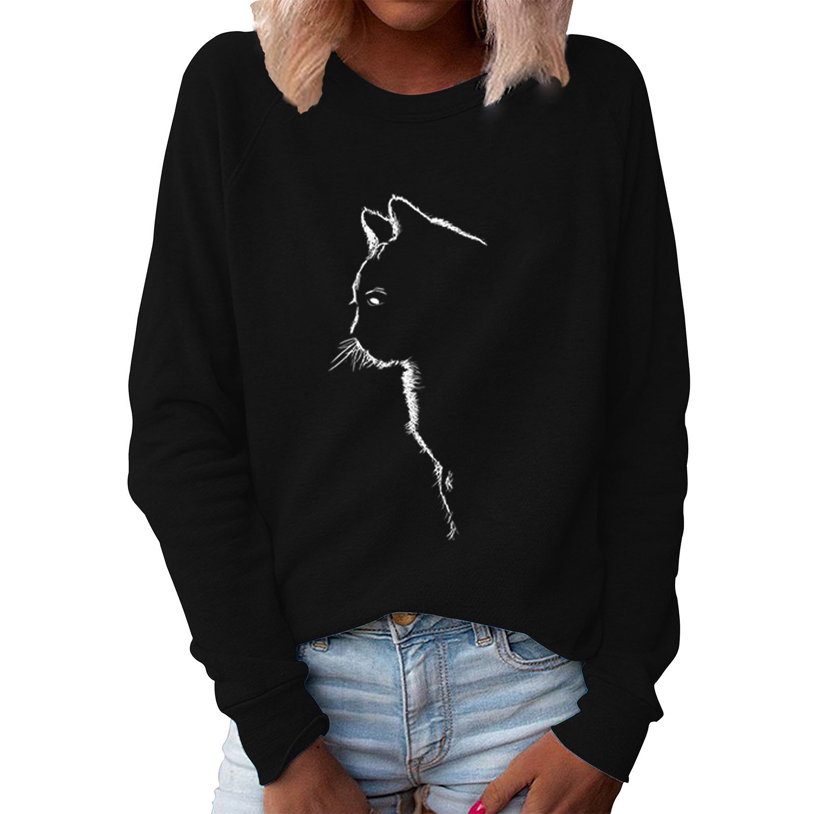 Cute Cat Print Long Sleeve Pullover Sweater