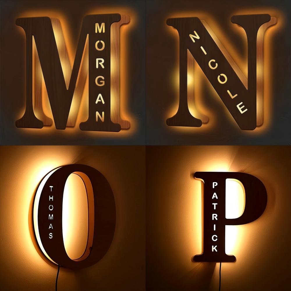 [Personalized Night Light] Customized 26 Letters Wooden Night Light | Personalized Carved Name Letter Lamp, USB Powered LED Light, Bedroom, Wedding, Birthday Wall Decoration, Best Gift for Easter…