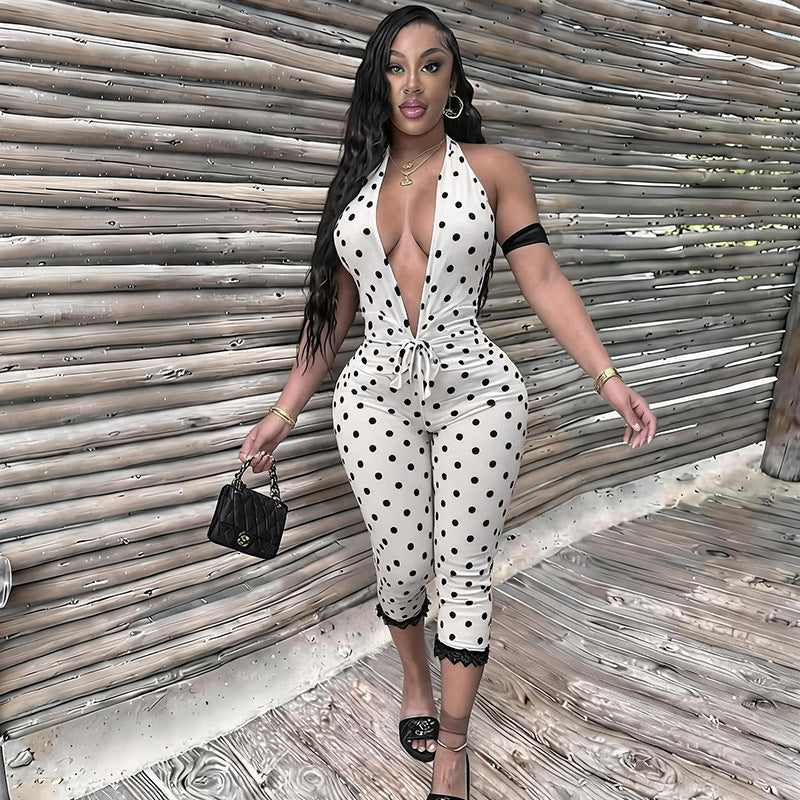 Sexy Polka-dot Halter-neck Backless Tie-detail Jumpsuit