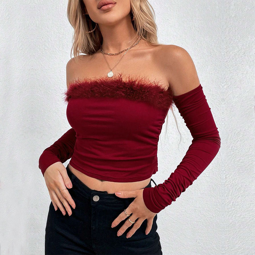 Elegant One-Shoulder Fur Collar Top