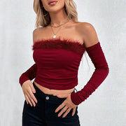 Elegant One-Shoulder Fur Collar Top