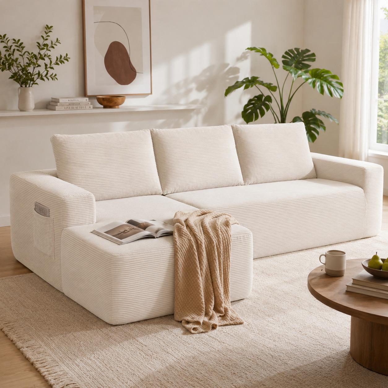 Left chaise L-shaped sectional sofa with memory foam cushions and corduroy upholstery