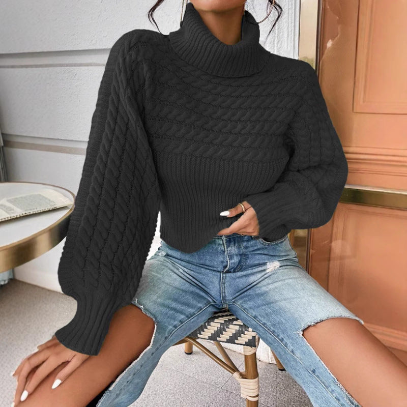 Womens Solid-color Knitted Sweater with Cable Knit and Ribbed Texture