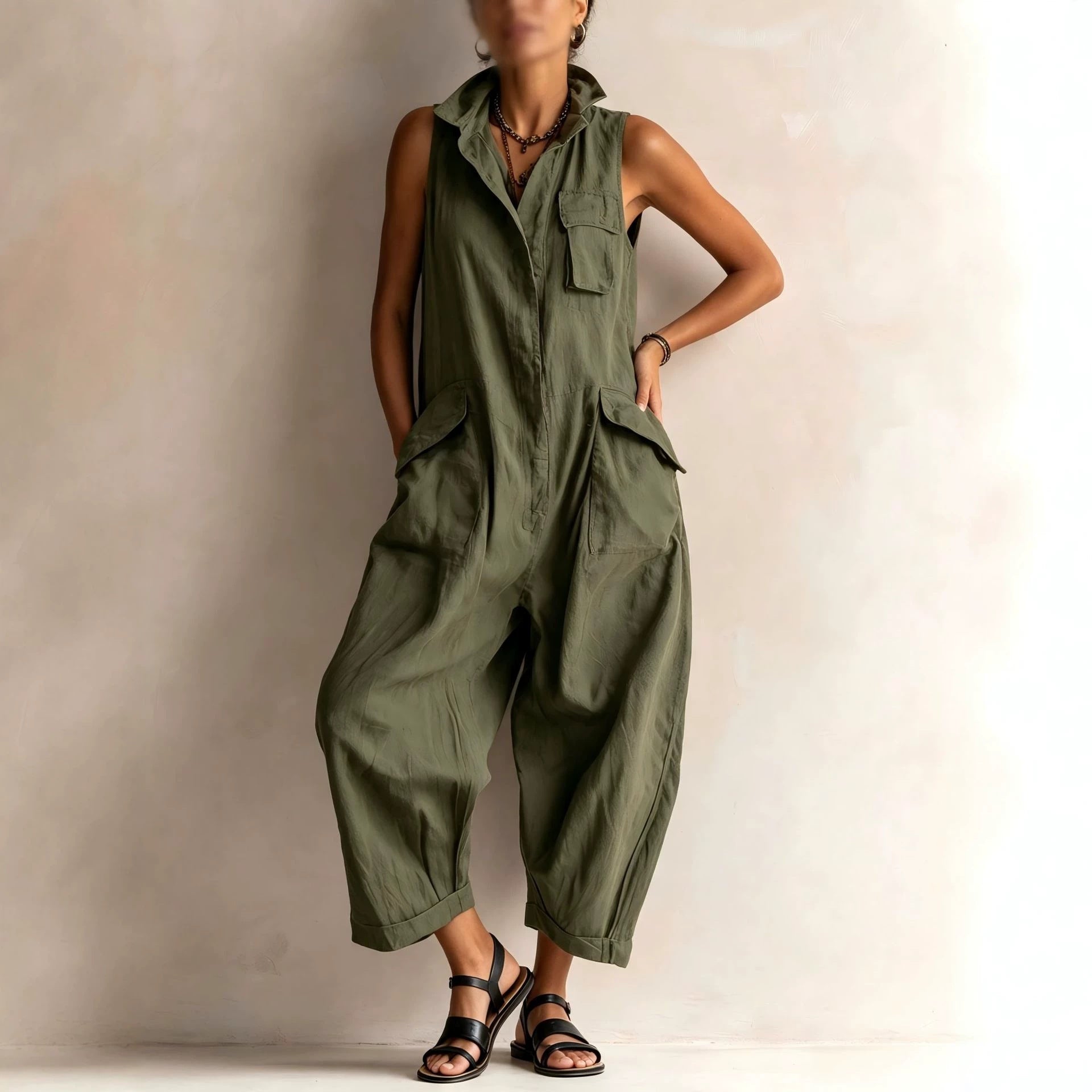 Casual Cotton Multi-Pocket Wide-Leg Jumpsuit