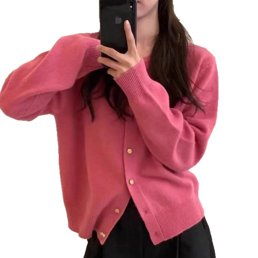 Versatile Solid-colored Cardigan Sweater Coat with Small Gold Buttons
