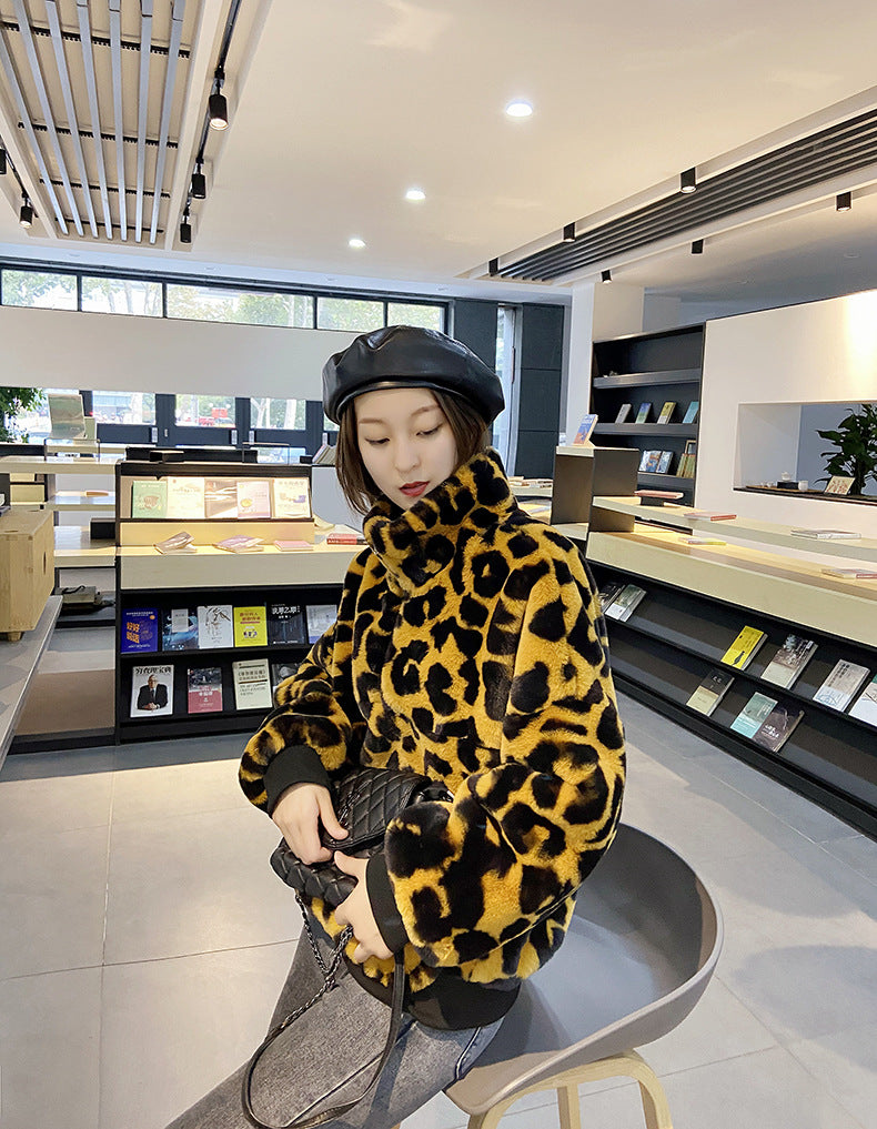 Leopard Print Faux Fur Stitching Women's Winter Sweater