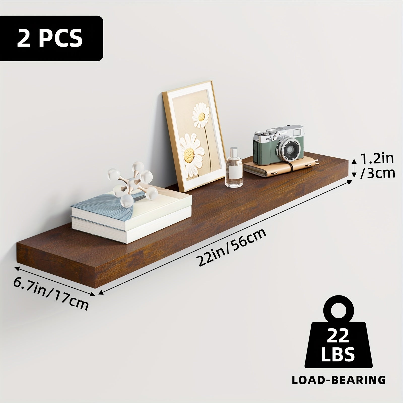 Set of wooden floating shelves for wall-mounted storage