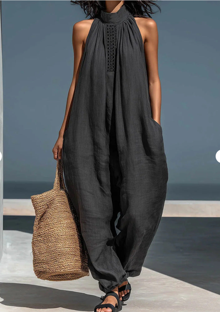Women's Casual Sleeveless Stand-Collar Loose Jumpsuit