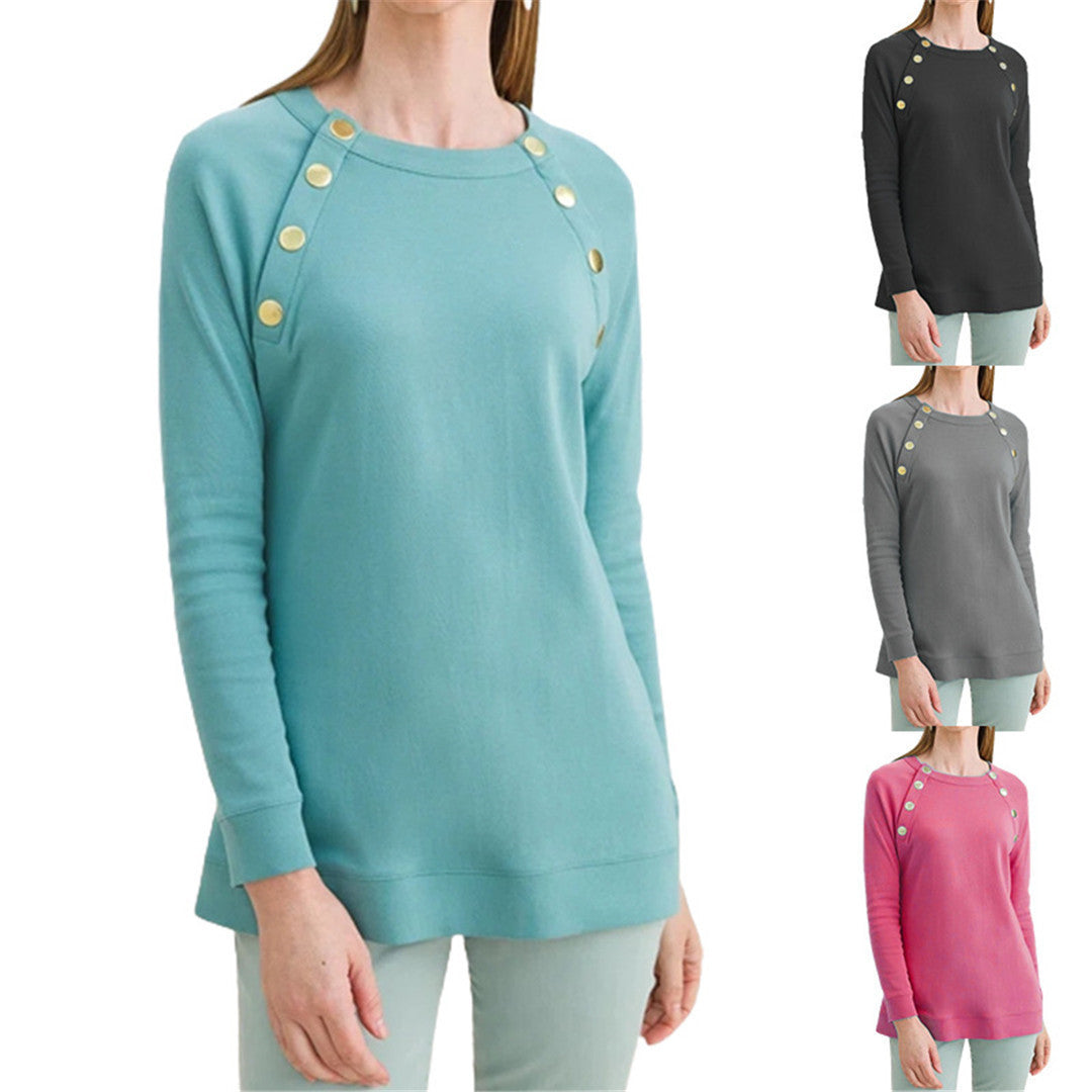 Chic Metal Button Round Neck Casual Long-Sleeve Sweater