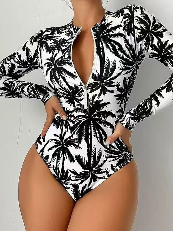 Gradient Ombre Body-Sculpting Long-Sleeve One-Piece Swimsuit