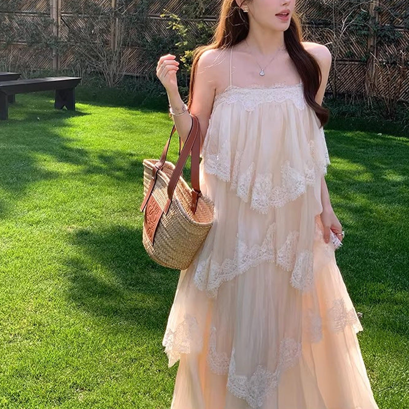 French Lace Backless Fairy-like Tiered Dress
