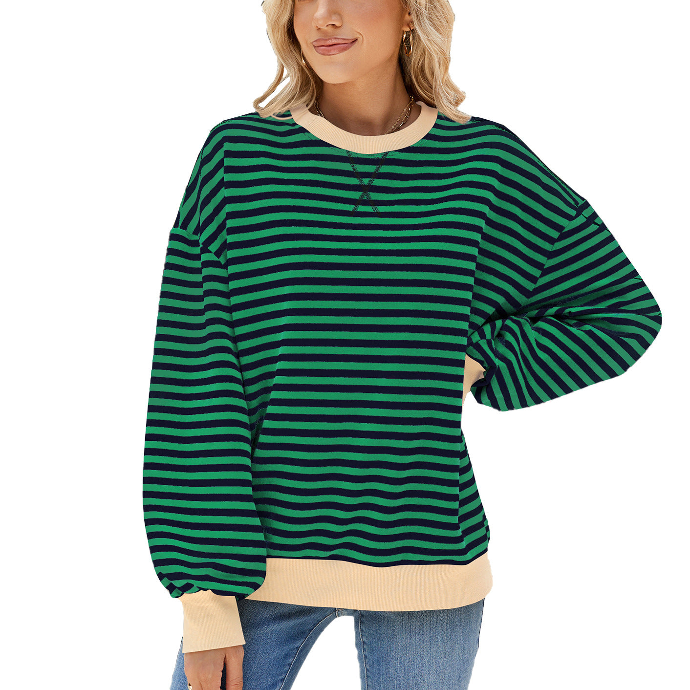 Women's Striped Round Neck Loose Long Sleeve Sweatshirt