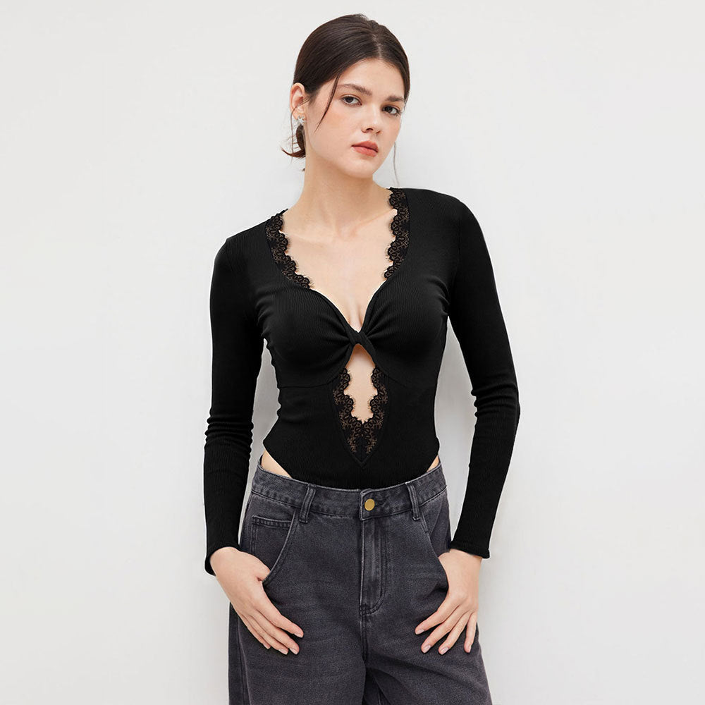 Black V-Neck Lace Trim Twist Slim Bodysuit