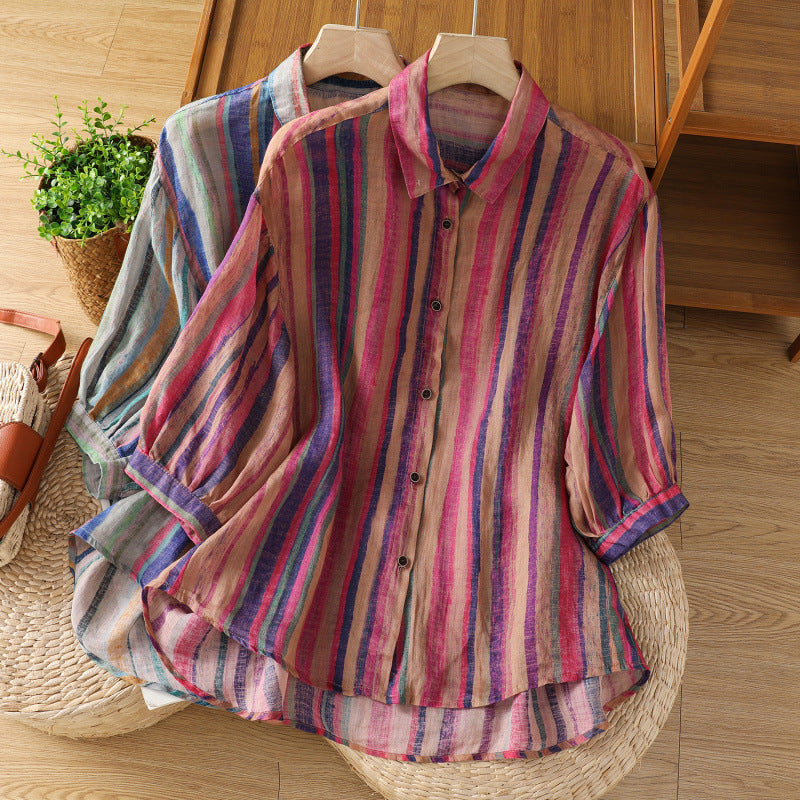 Elegant Lapel Slim-fit Three-quarter-sleeve Blouse Top