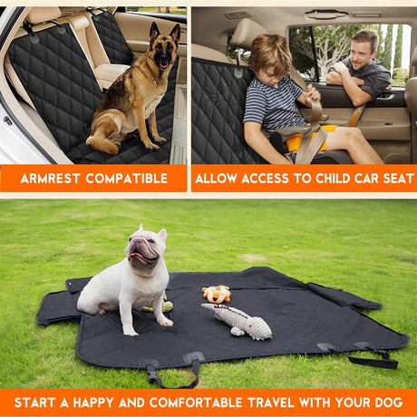 Dog Car Seat Cover - Waterproof Back Seat Protector for Pets, Non-Slip Design with Middle Armrest Compatibility for Most Cars, Trucks, and SUVs - Black
