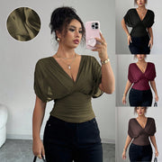 V-Neck Slim Fit Short Sleeve Top – Chic Solid Color