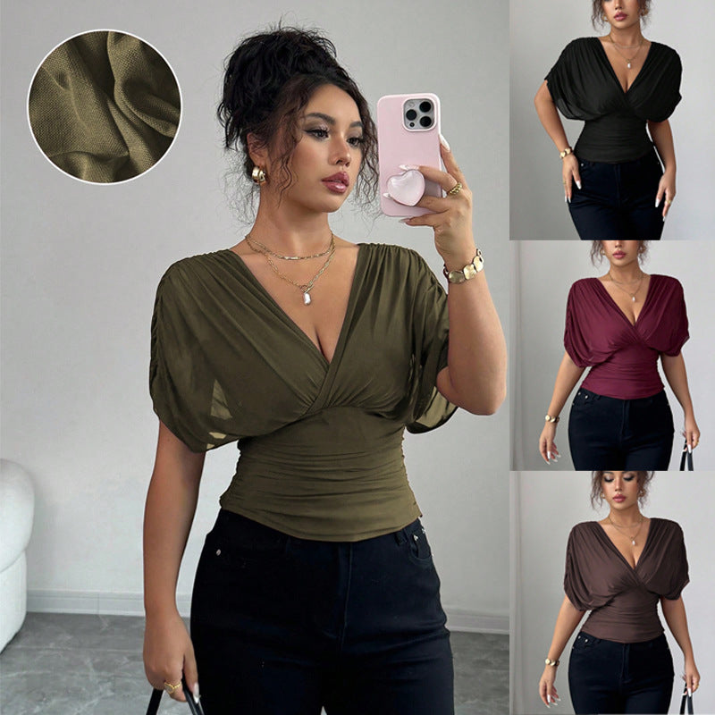 V-Neck Slim Fit Short Sleeve Top – Chic Solid Color