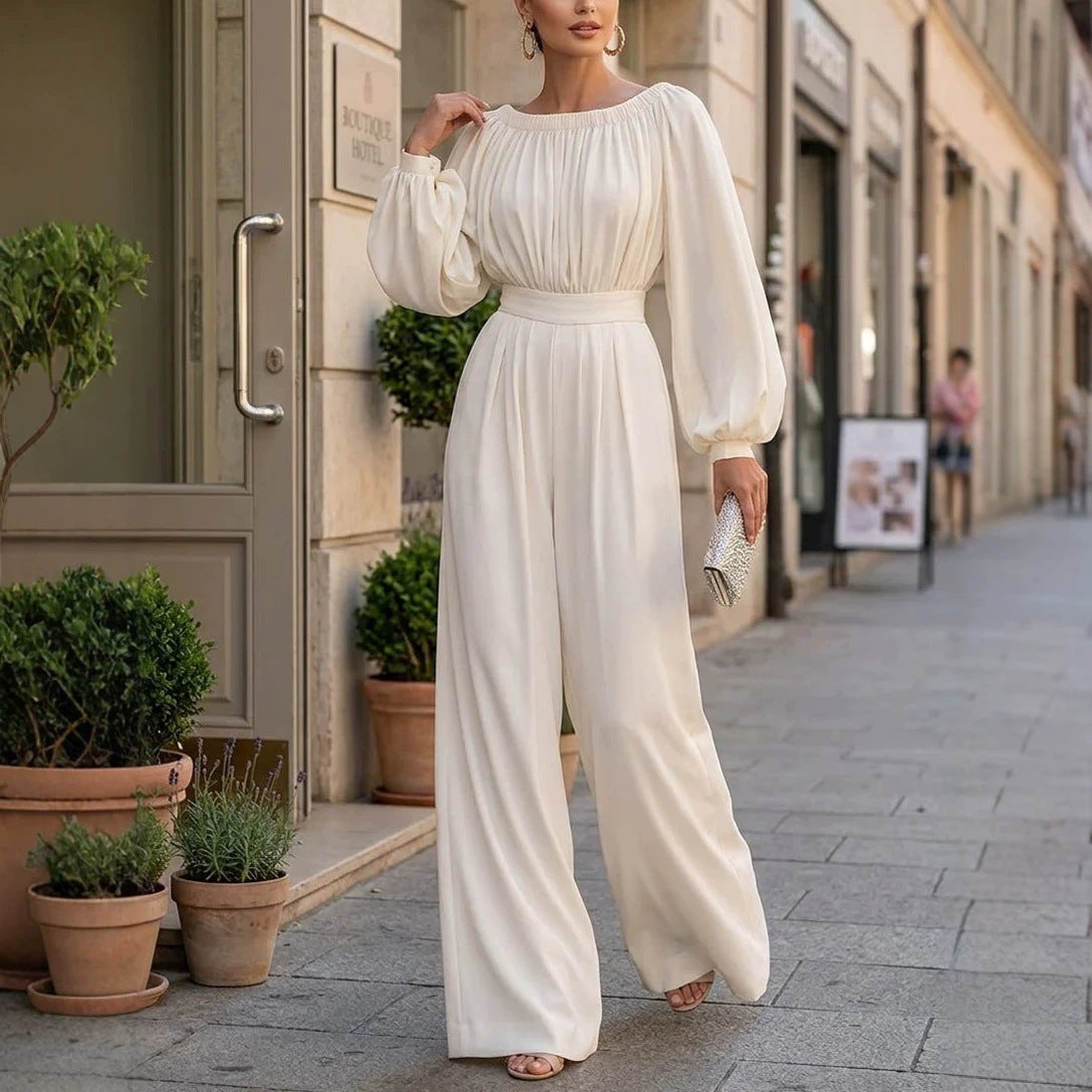 One-shoulder Puff-sleeve Waist-cinching Wide-leg Jumpsuit