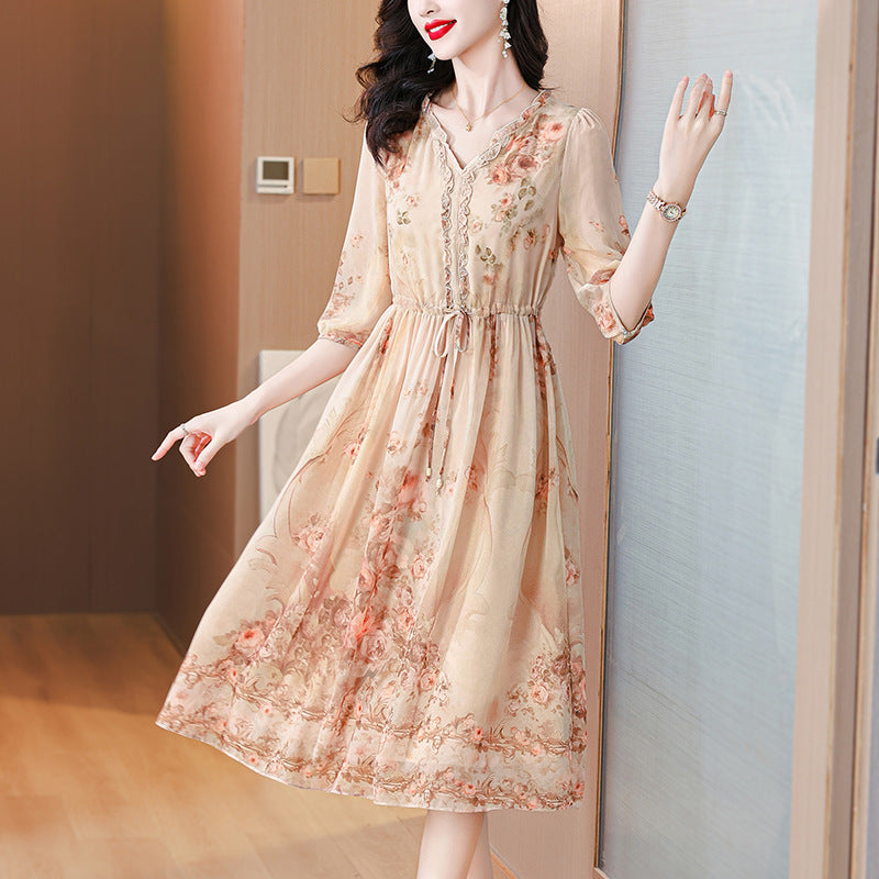 Elegant French Floral Tea-Length Dress
