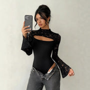 Women's Sexy Lace Hollow-Out Long Sleeve Jumpsuit