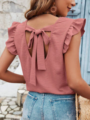 Ruffle-Trim Round Neck Pullover Blouse – Loose Fit, Solid Colors