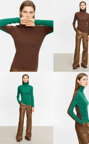 Color-blocked Turtleneck Wool Sweater for Women, Slim Fit, Two-way Knit Base Layer