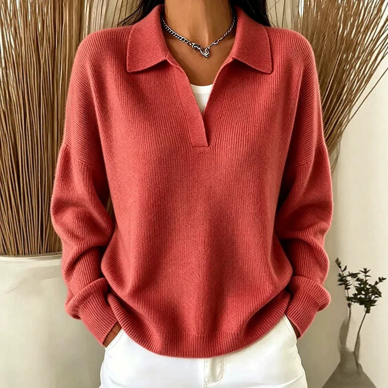 Turn-down Ribbed Knit Sweater Loose-fitting Figure-flattering Casual V-neck Pullover