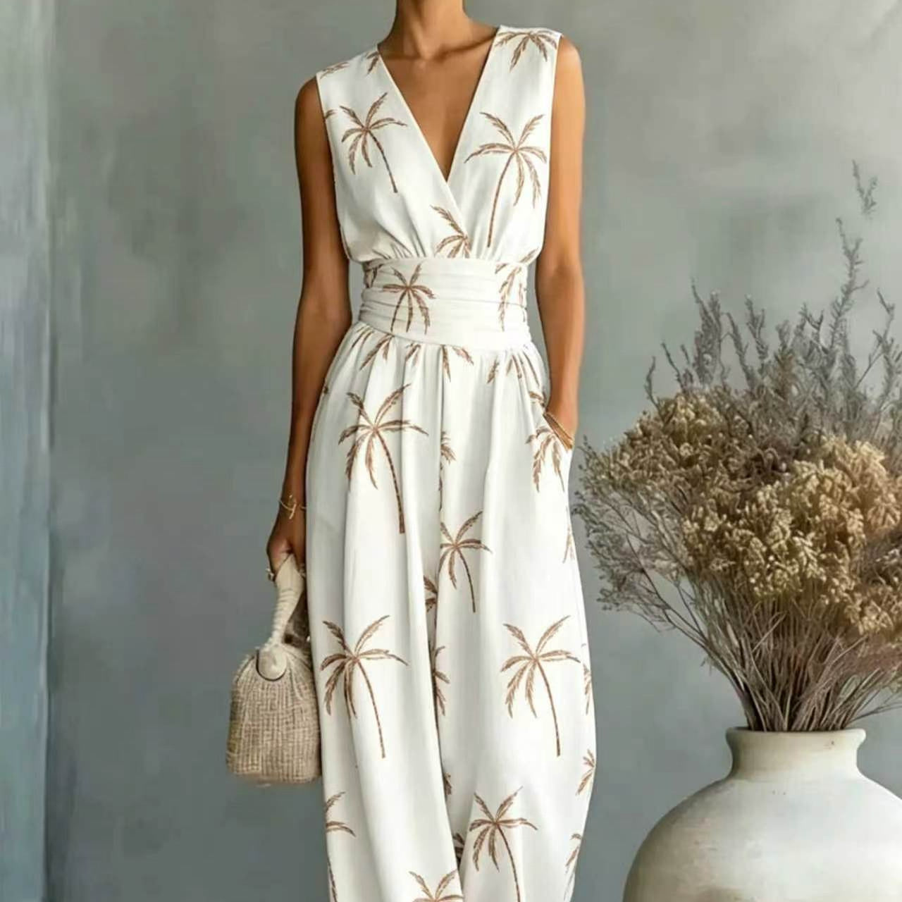 European And American-style Deep V-neck Sleeveless Printed Jumpsuit