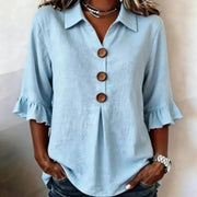 Light Blue Collared Button-Down Ruffle Cuff Blouse