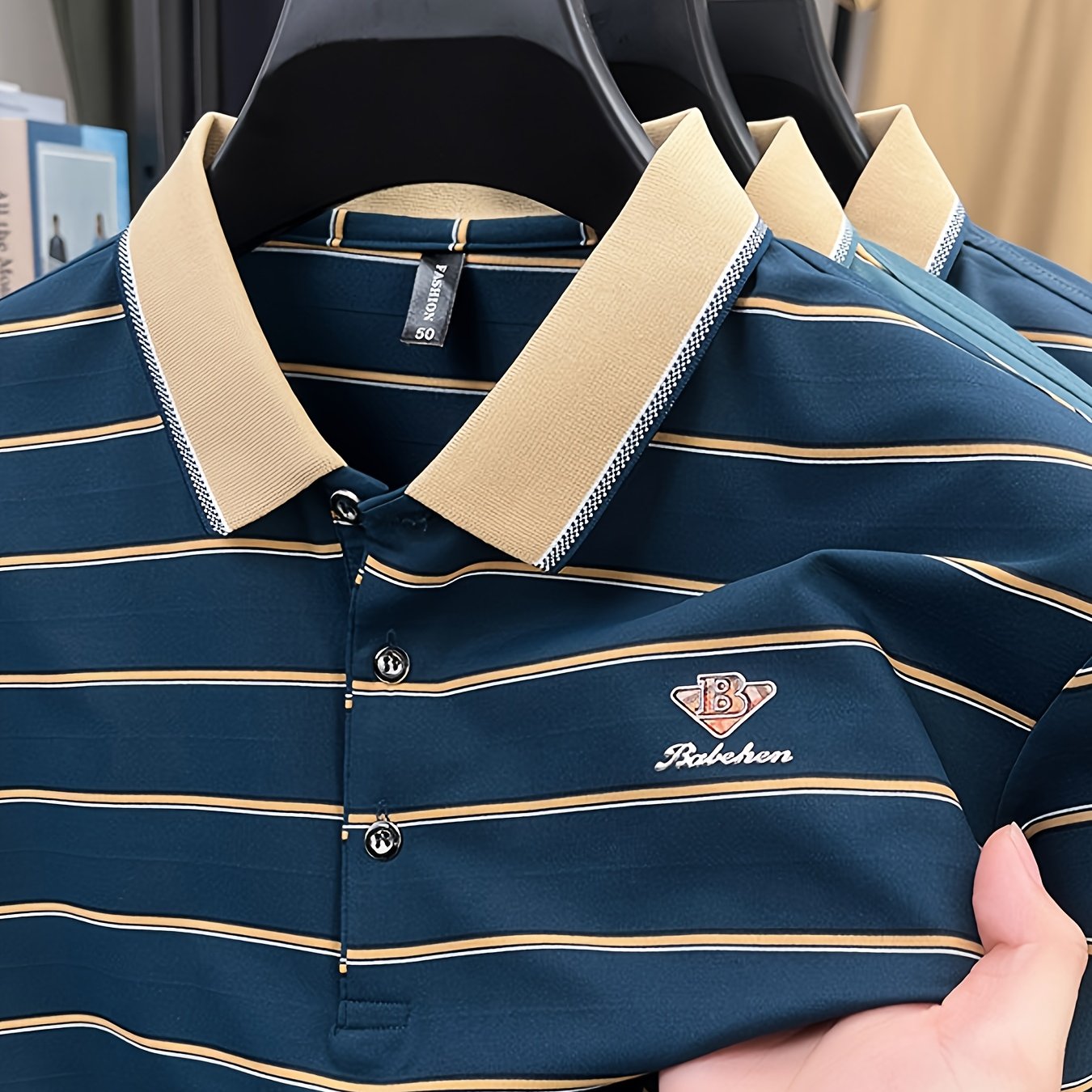 3D Letter Print Striped Polo Shirt – Men's Summer Short Sleeve Collared T-Shirt