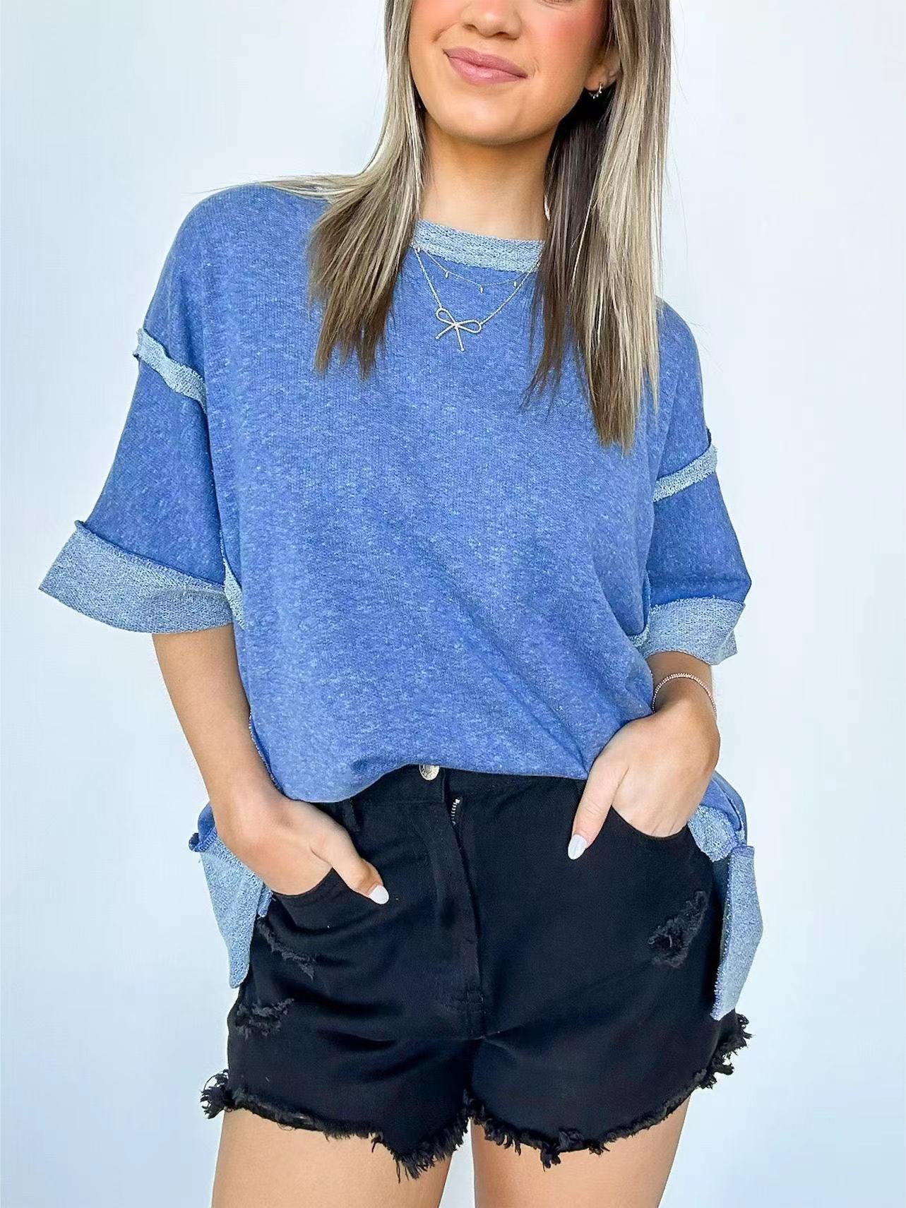 Cozy Round Neck Patchwork Loose Sweater T-Shirt