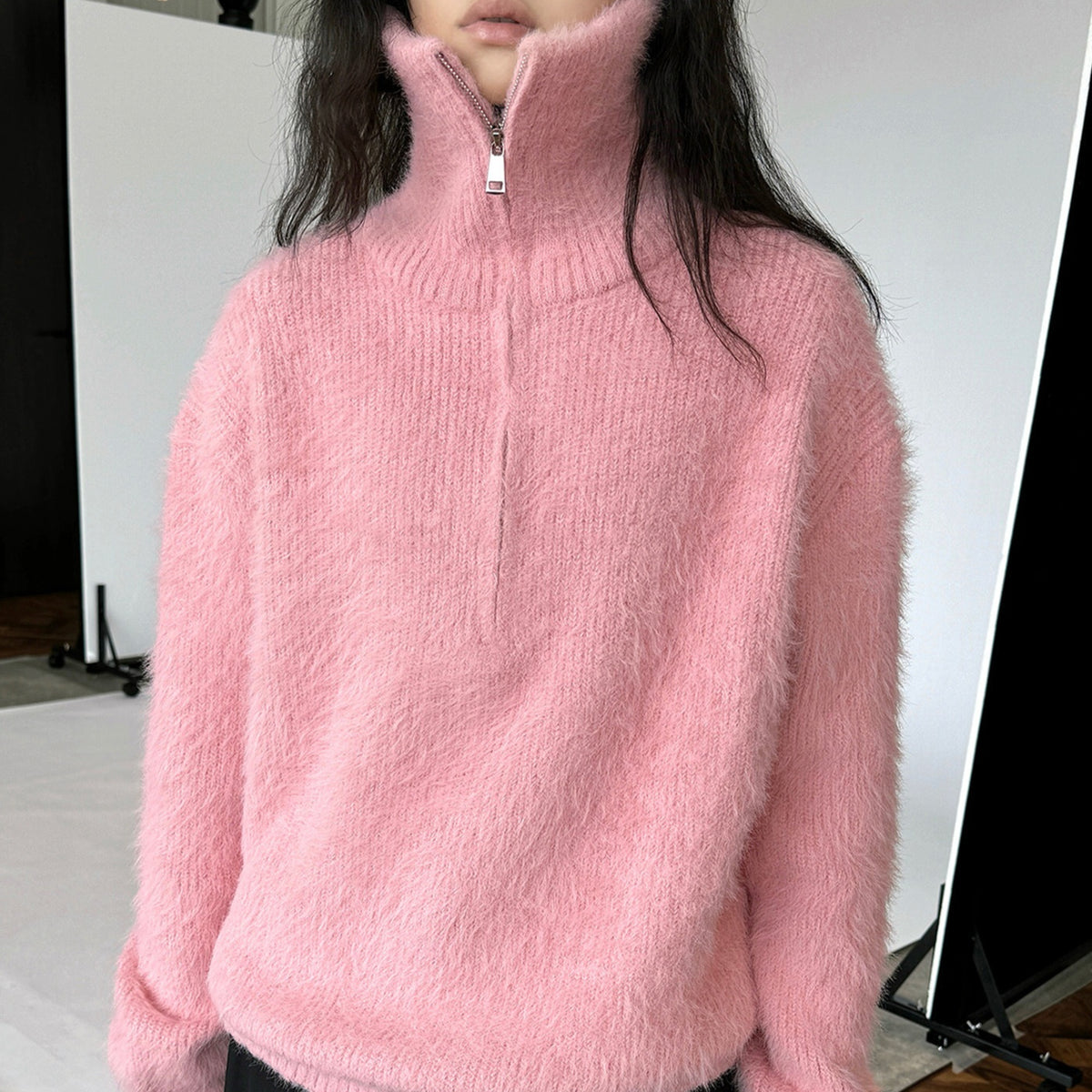 Korean-style Relaxed Faux Mink High-neck Sweater Top