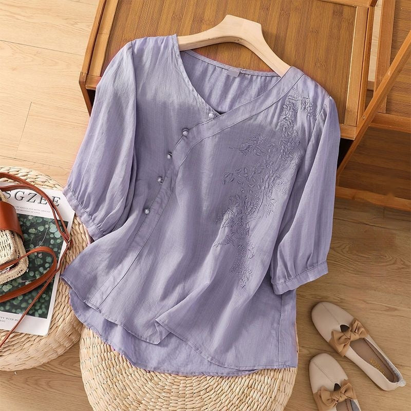 Plus Size Slimming Cotton And Linen Top With Buckle Loose Cotton-linen Shirt Women