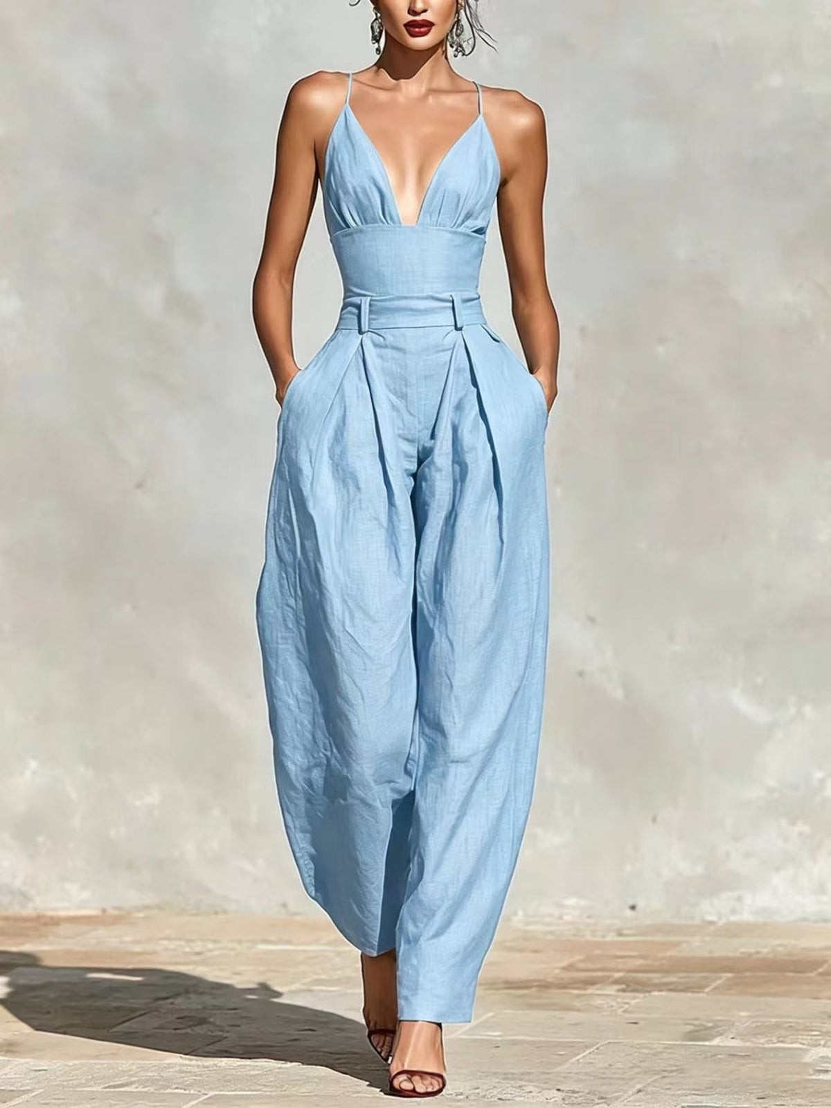 Minimalist Linen Crew-Neck Sleeveless Jumpsuit