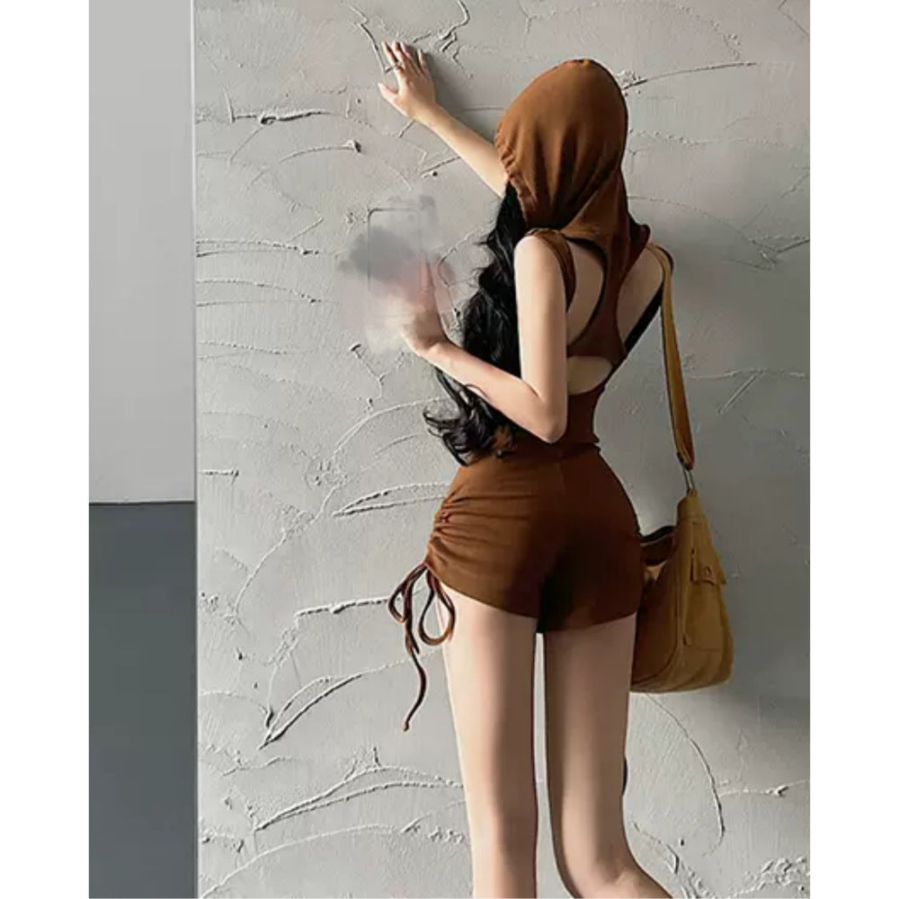 Hooded Backless Fitness Romper Shorts