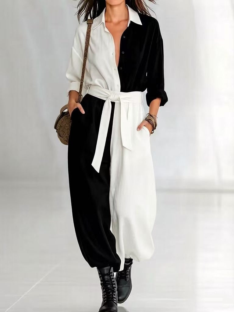 Spring Solid Colored Patchwork Long Sleeve Shirt Lace Up Jumpsuit