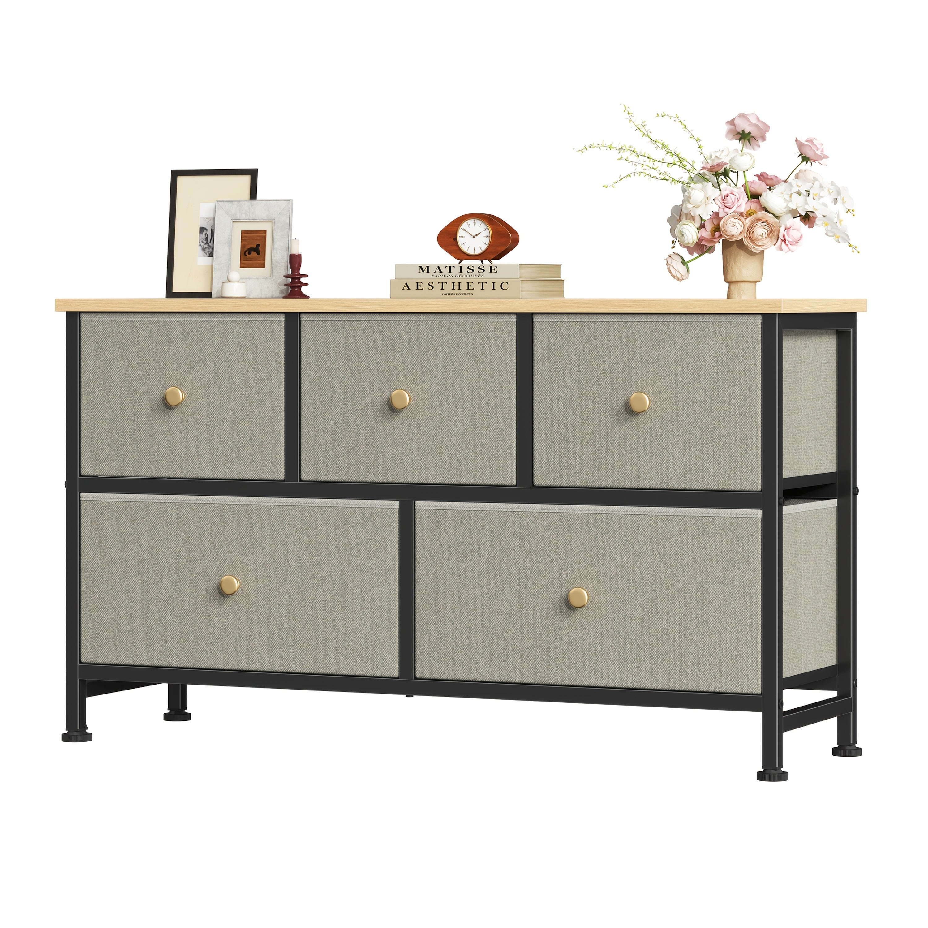 5-Drawer Wide Dresser with Fabric Bins, Freestanding Wood Chest – Khaki/Green