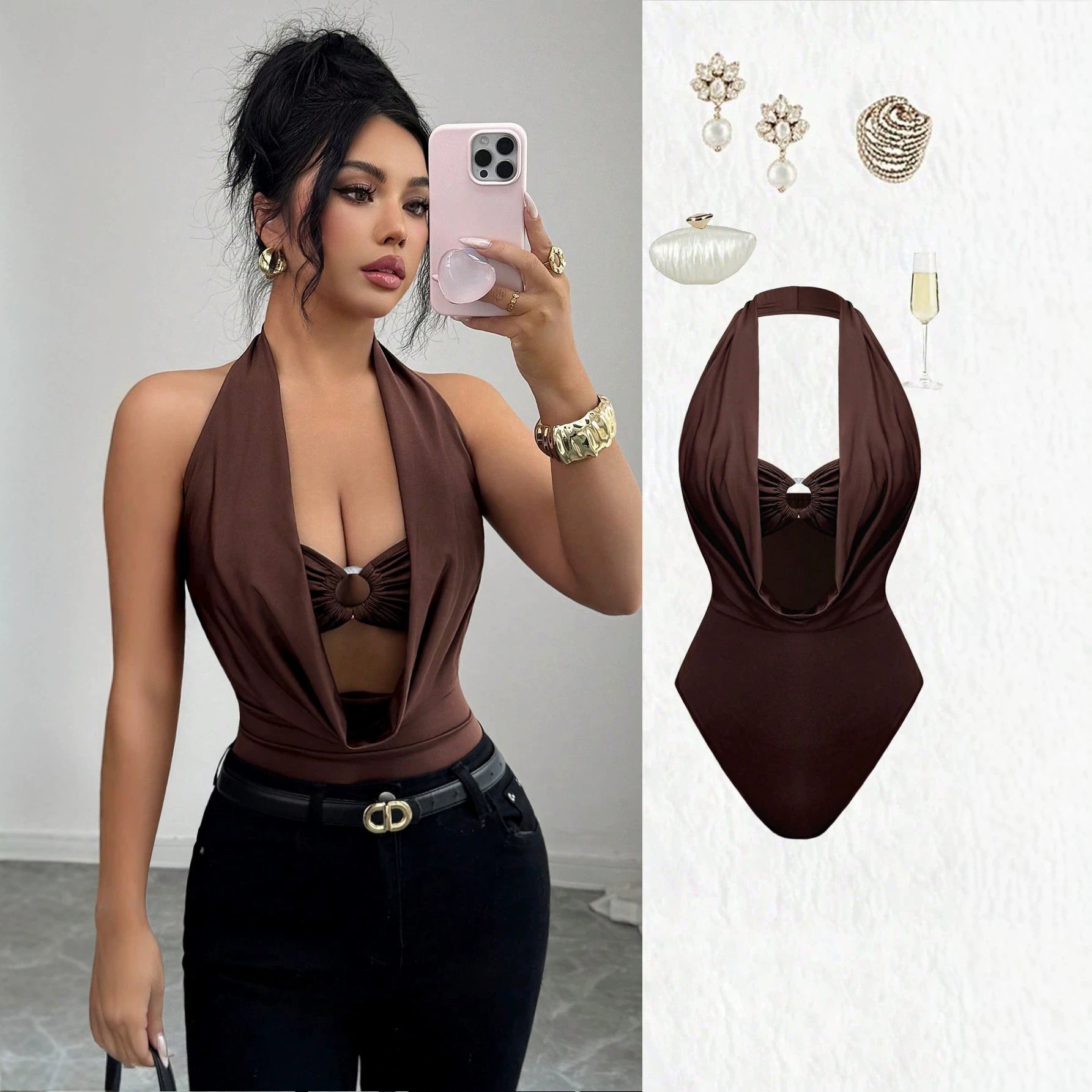 Womens Solid-color Deep V-neck Halter Hollow-out Ring-design Figure-flattering Jumpsuit