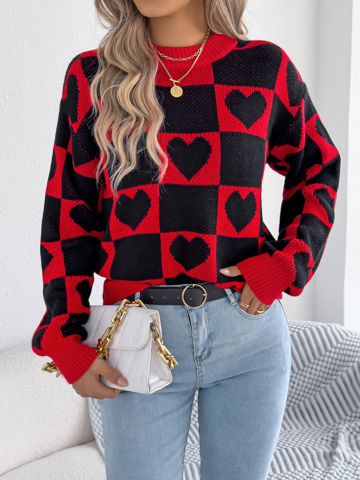 Women's Color-blocked Plaid Heart Lantern Sleeve Pullover Sweater for Valentine's Day