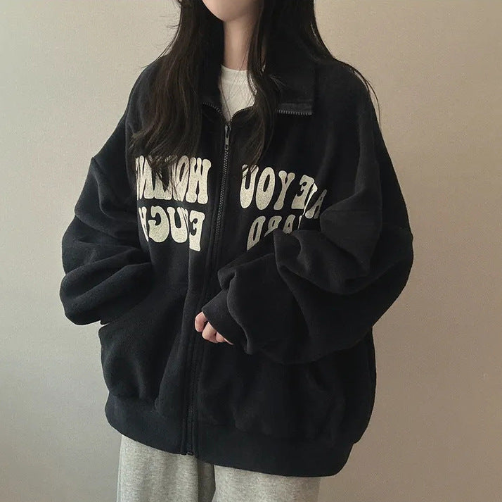 Women's Plus Velvet Alphabet Zip-Up Loose Cardigan Sweater